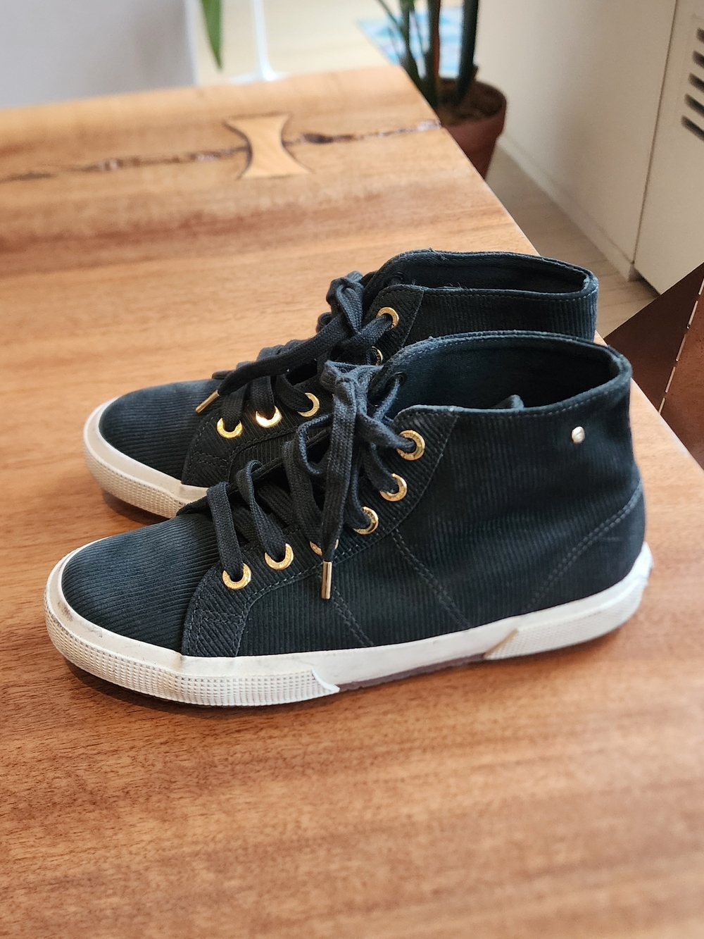 The Row × Superga High-Top Corduroy Leather Sneakers in Dark Green Size 7